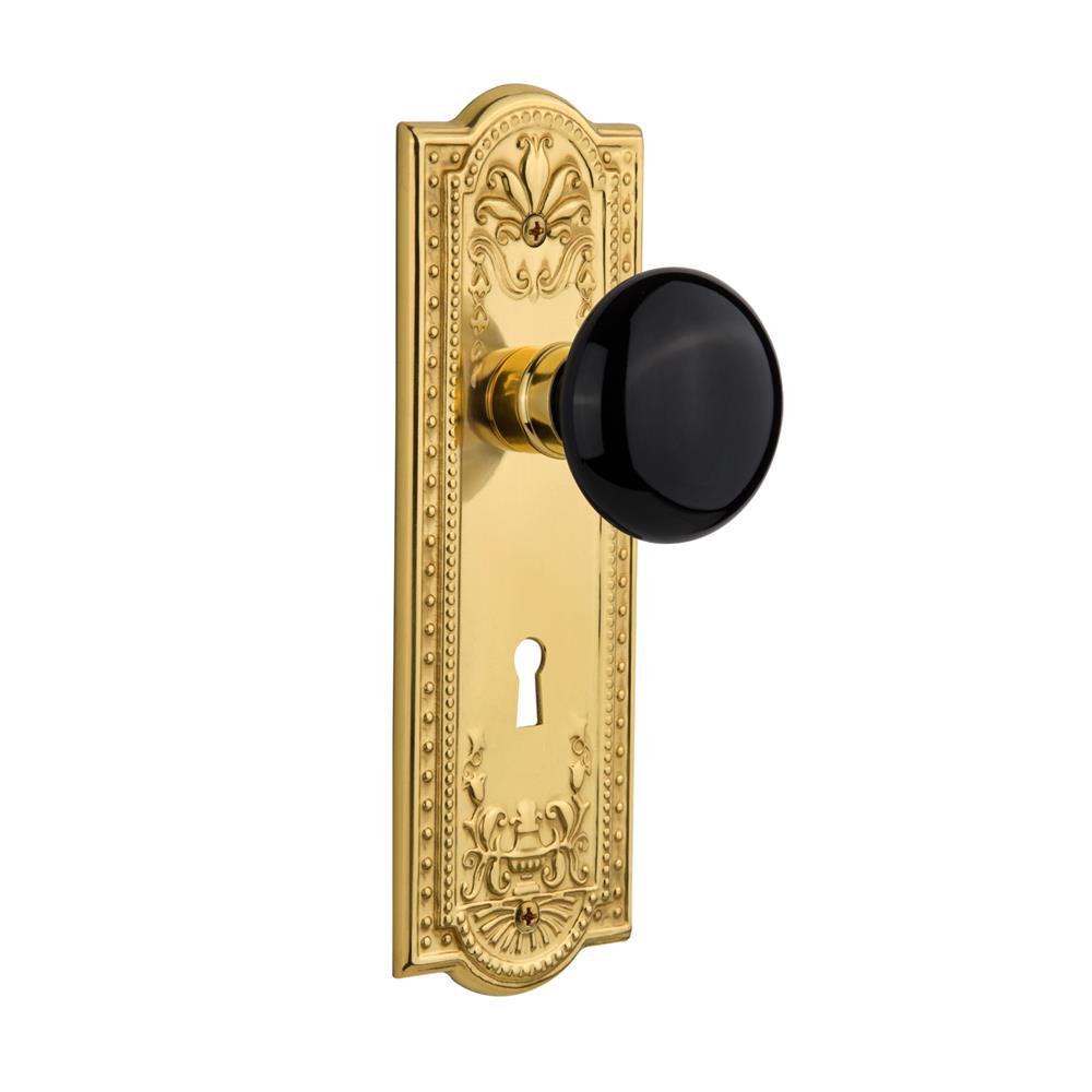 Nostalgic Warehouse MEABLK Double Dummy Knob Meadows Plate with Black Porcelain Knob and Keyhole in Unlacquered Brass